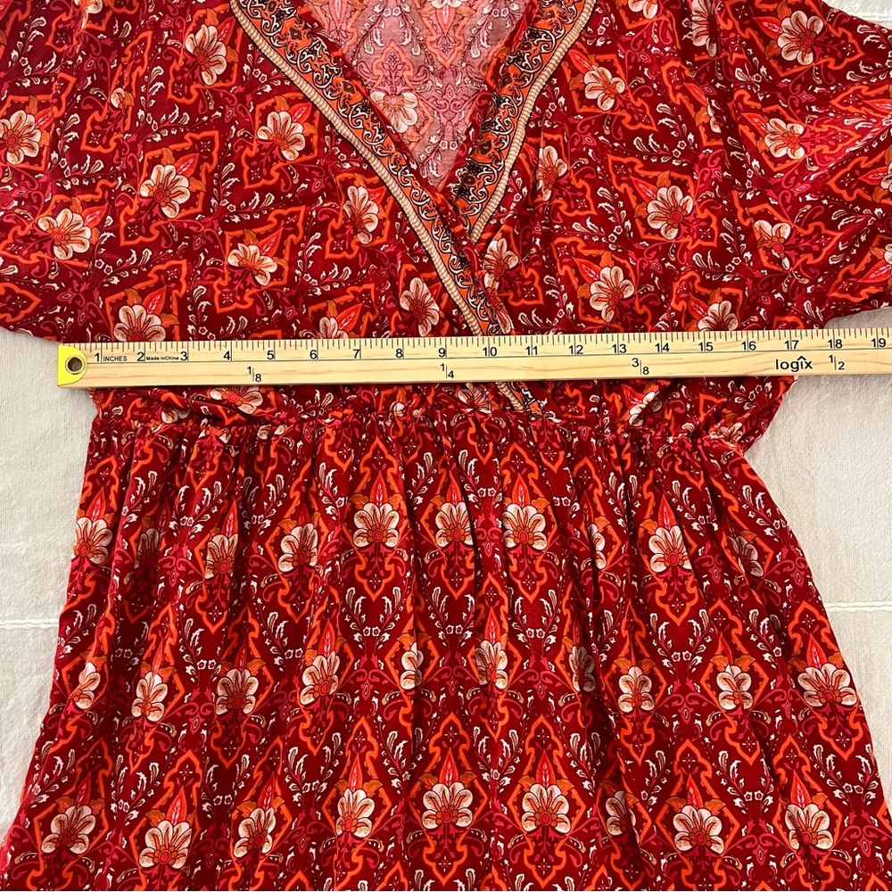 Brown Coco Boho Floral Paisley Faux Wrap Mini Dress 1XL Red Cottagecore Flare - Picture 7 of 11